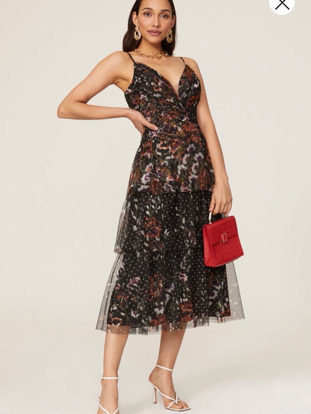 Black Floral Tiered Mesh Midi Dress with Spaghetti Straps